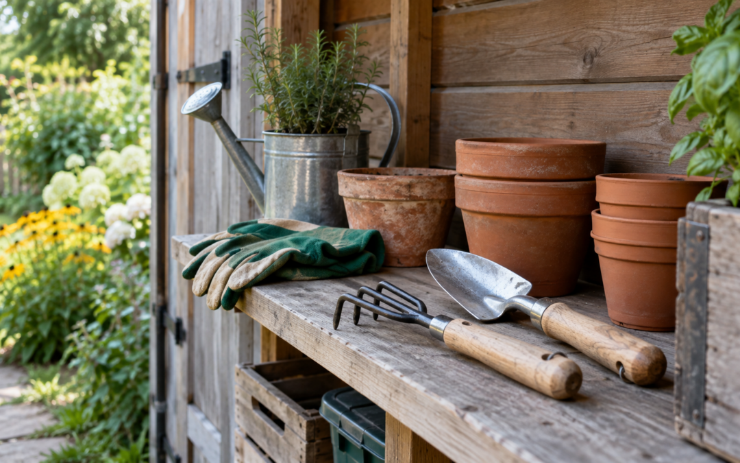 Gartenhandschuhe, Pflanzkelle und kleine Harke auf einem Holzregal neben Pflanztöpfen.